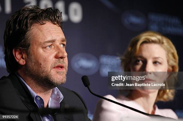 Russell Crowe and Cate Blanchett attend the 'Robin Hood' Press Conference at the Palais des Festivals during the 63rd Annual Cannes Film Festival on...