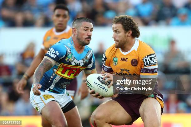 Matthew Lodge of the Broncos runs the ball during the round 17 NRL match between the Gold Coast Titans and the Brisbane Broncos at Cbus Super Stadium...