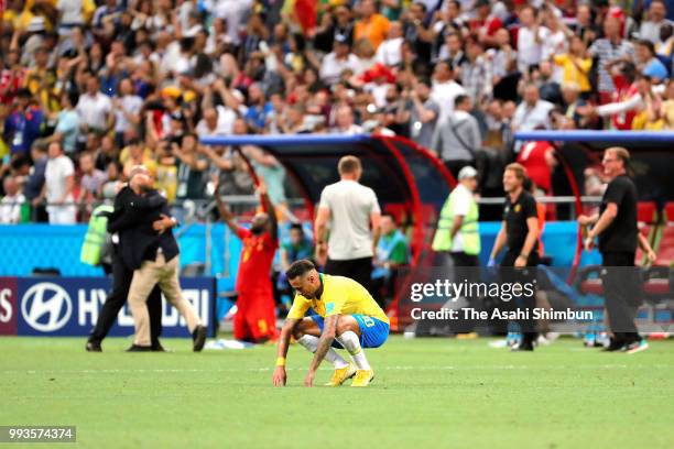 Neymar Jr of Brazil shows dejection after their 1-2 defeat in the 2018 FIFA World Cup Russia Quarter Final match between Brazil and Belgium at Kazan...