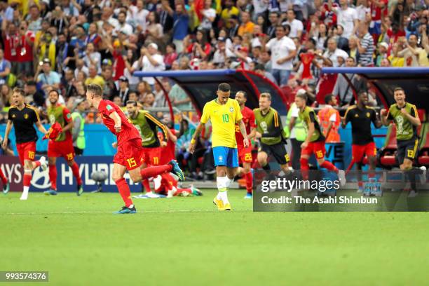 Neymar Jr of Brazil shows dejection after their 1-2 defeat in the 2018 FIFA World Cup Russia Quarter Final match between Brazil and Belgium at Kazan...