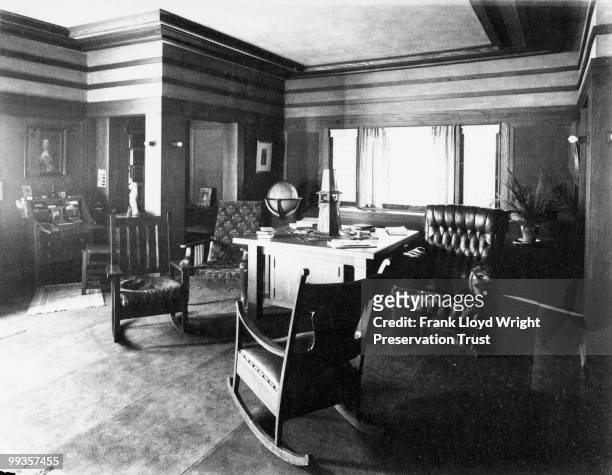 Fricke house living room with Wright-designed library table, looking southwest, Oak Park, Illinois, ca. 1902-1907.