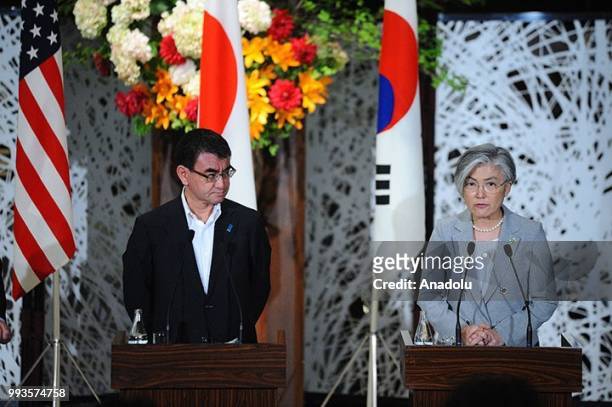 Japan's Foreign Minister Taro Kono and South Korean Foreign Minister Kang Kyung Wha attend a joint press conference with U.S. Secretary of State Mike...