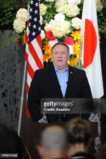 Secretary of State Mike Pompeo answers to a journalist as he attends a joint press conference with Japan's Foreign Minister Taro Kono and South...