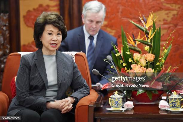 Transport Secretary Elaine Chao attends a meeting with Chinese Premier Li Keqiang at the Zhongnanhai leadership compound in Beijing on April, 26...