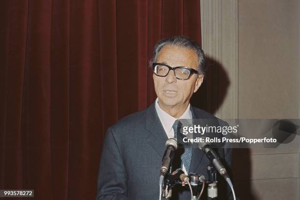 Italian Republican Party politician Ugo La Malfa pictured conducting a press conference in Italy in 1970.