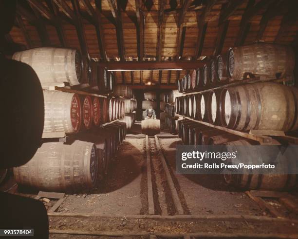 View of oak casks filled with whisky maturing in a warehouse at a Highland malt whisky distillery in Scotland in 1971.