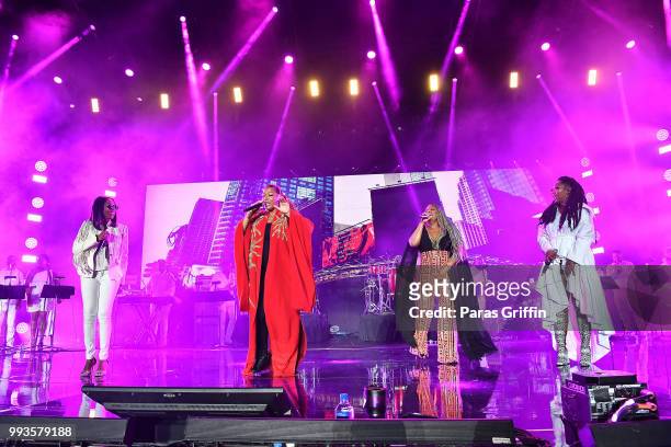 Lyte, Queen Latifah, Yo-Yo, and Brandy perform onstage during Queen Latifah's "Ladies First" night at the 2018 Essence Festival - Night 2 at...