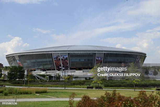 Picture shows a view Donbass Arena stadium in Donetsk on July 7, 2018. Scores of Russia-supporting fans gathered in a cafe inside the disused Donbass...