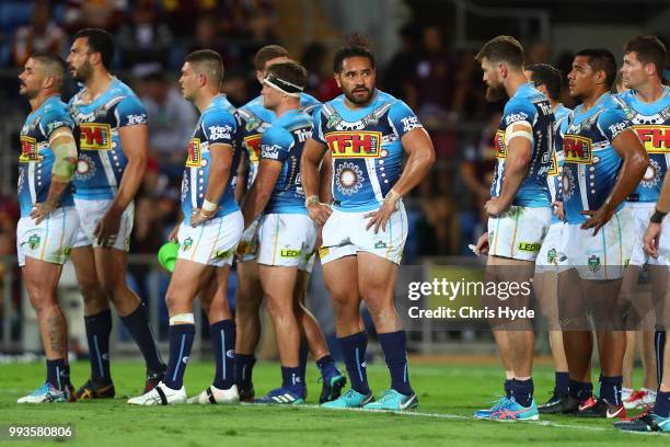 Titans look on during the round 17 NRL match between the Gold Coast Titans and the Brisbane Broncos at Cbus Super Stadium on July 8, 2018 in Gold...