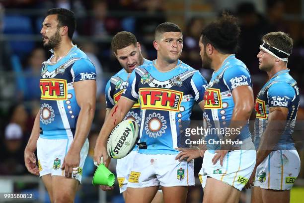 Titans look on during the round 17 NRL match between the Gold Coast Titans and the Brisbane Broncos at Cbus Super Stadium on July 8, 2018 in Gold...