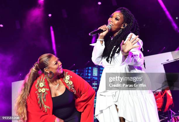 Queen Latifah and Brandy perform onstage during Queen Latifah's "Ladies First" night at the 2018 Essence Festival - Night 2 at Louisiana Superdome on...