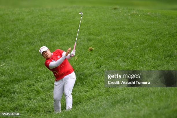 Sun-Ju Ahn of South Korea hits her second shot on the 7th hole during the final round of the Nipponham Ladies Classic at the Ambix Hakodate Club on...