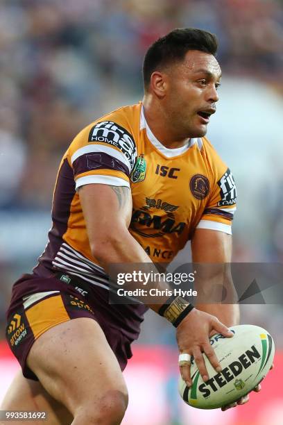 Alex Glenn of the Broncos runs the ball during the round 17 NRL match between the Gold Coast Titans and the Brisbane Broncos at Cbus Super Stadium on...