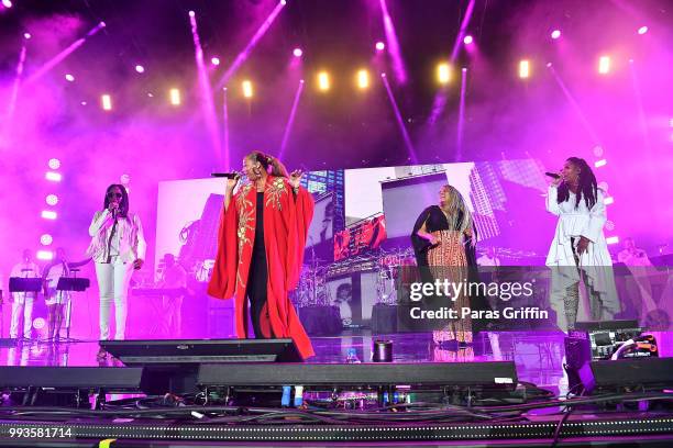 Lyte, Queen Latifah, Yo-Yo, and Brandy perform onstage during Queen Latifah's "Ladies First" night at the 2018 Essence Festival - Night 2 at...