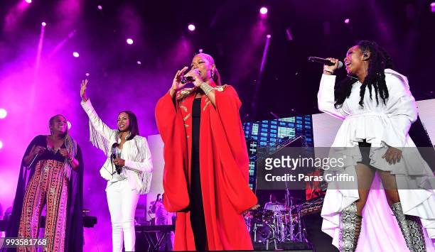 Yo-Yo, MC Lyte, Queen Latifah and Brandy Norwood perform onstage during Queen Latifah's "Ladies First" night at the 2018 Essence Festival - Night 2...