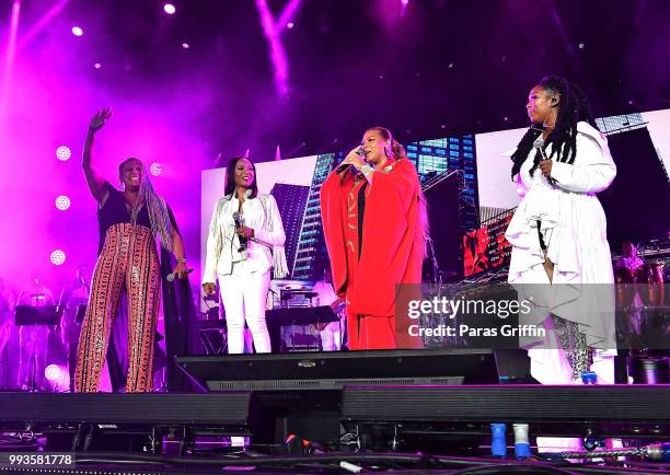Yo-Yo, MC Lyte, Queen Latifah and Brandy Norwood perform onstage during Queen Latifah's "Ladies First" night at the 2018 Essence Festival - Night 2...