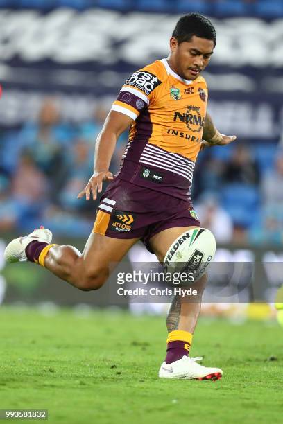Anthony Milford of the Broncos kicks during the round 17 NRL match between the Gold Coast Titans and the Brisbane Broncos at Cbus Super Stadium on...