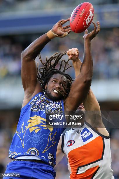 Nic Naitanui of the Eagles marks the ball during the round 16 AFL match between the West Coast Eagles and the Greater Western Sydney Giants at Optus...