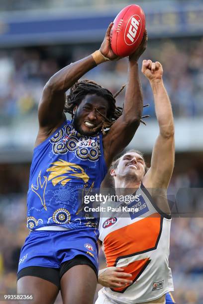 Nic Naitanui of the Eagles marks the ball during the round 16 AFL match between the West Coast Eagles and the Greater Western Sydney Giants at Optus...