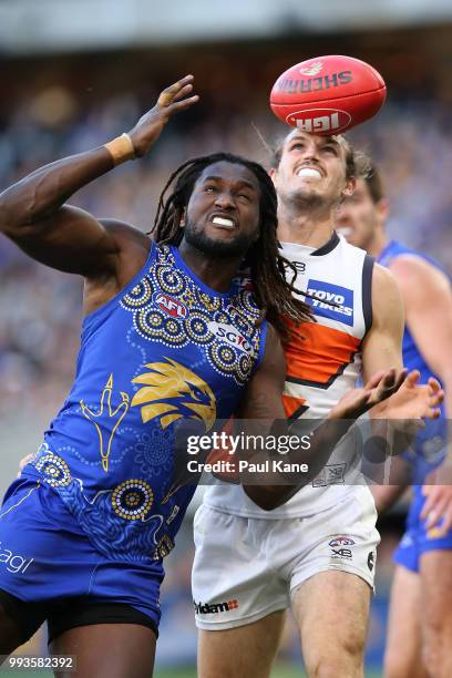 Nic Naitanui of the Eagles juggles a mark the during the round 16 AFL match between the West Coast Eagles and the Greater Western Sydney Giants at...