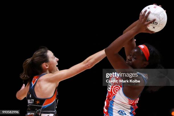 Sam Wallace of the Swifts wins the ball over Bec Bulley of the Giants during the round 10 Super Netball match between the Giants and the Swifts at...