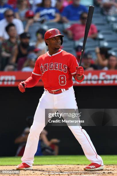 Justin Upton of the Los Angeles Angels of Anaheim at bat during the MLB against the Los Angeles Dodgers at Angel Stadium on July 7, 2018 in Anaheim,...