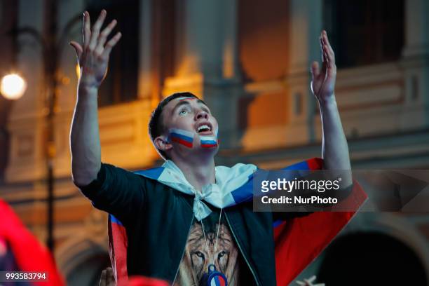Russia supporter reacts during the FIFA World Cup 2018 match between Russia and Croatia on July 7, 2018 at Fan Fest zone in Saint Petersburg, Russia.