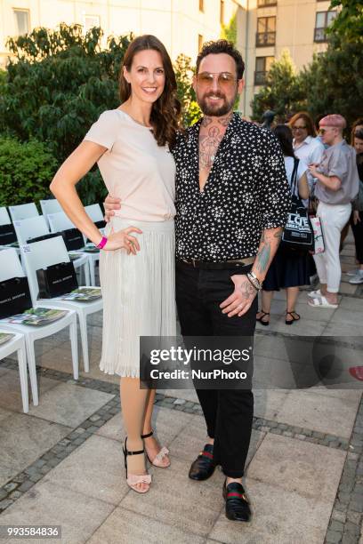 Katrin Wrobel and Fashion Designer Marcel Ostertag attend the Marcel Ostertag Fashion Show during the Berlin Fashion Week Spring/Summer 2019 in...