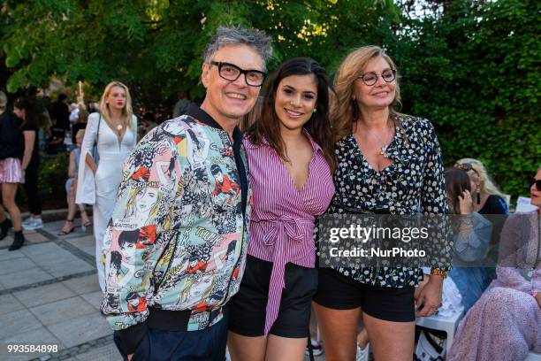 Rolf Scheider, Tanja Tischewitsch and Maren Gilzer attend the Marcel Ostertag Fashion Show during the Berlin Fashion Week Spring/Summer 2019 in...