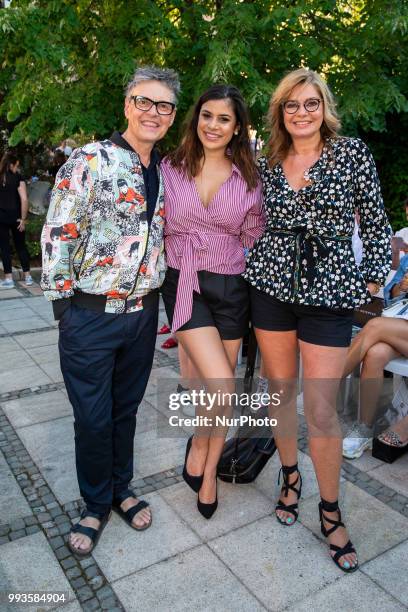 Rolf Scheider, Tanja Tischewitsch and Maren Gilzer attend the Marcel Ostertag Fashion Show during the Berlin Fashion Week Spring/Summer 2019 in...