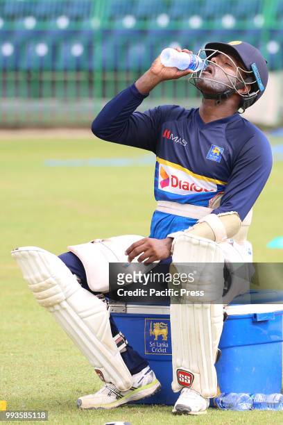 Sri Lanka All-round cricketer Angelo Mathews is drinking water at practice session in the R.Premadasa Stadium in Colombo on July 6, 2018. Sri lanka...