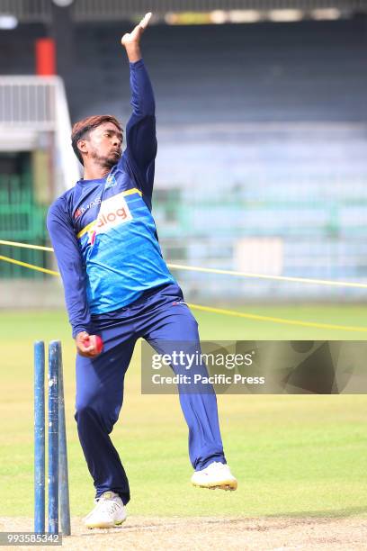 Sri Lanka Right-arm off break bowler Akila Dananjaya Ball at a practice session at the R.Premadasa Stadium in Colombo on July 6, 2018. Sri Lanka and...