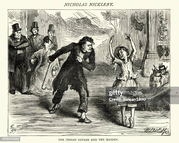 charles dickens, nicholas nickleby, indian savage and the maiden - indian maiden stock illustrations