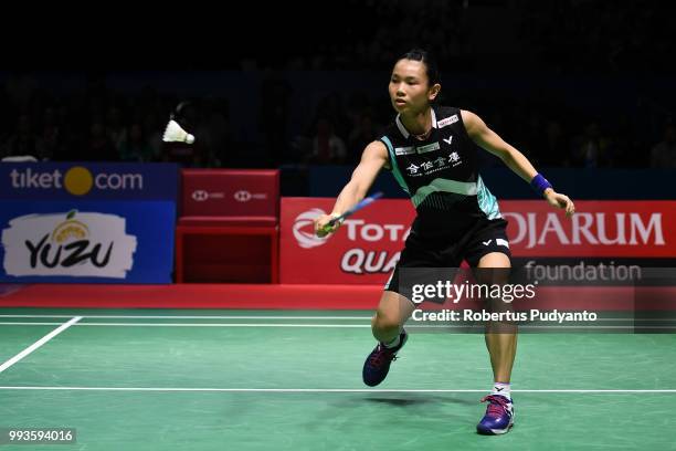 Tai Tzu Ying of Chinese Taipei competes against Chen Yufei of China during the Women's Singles Final match on day six of the Blibli Indonesia Open at...