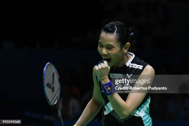 Tai Tzu Ying of Chinese Taipei celebrates victory after beating Chen Yufei of China during the Women's Singles Final match on day six of the Blibli...