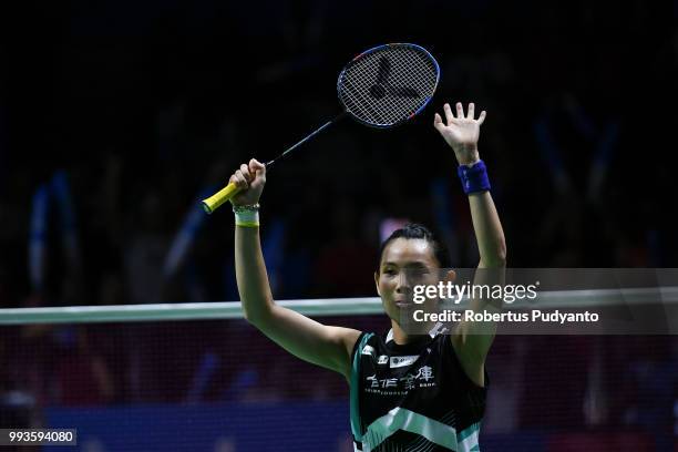 Tai Tzu Ying of Chinese Taipei celebrates victory after beating Chen Yufei of China during the Women's Singles Final match on day six of the Blibli...
