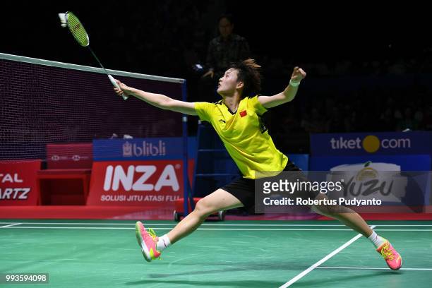 Chen Yufei of China competes against Tai Tzu Ying of Chinese Taipei during the Women's Singles Final match on day six of the Blibli Indonesia Open at...