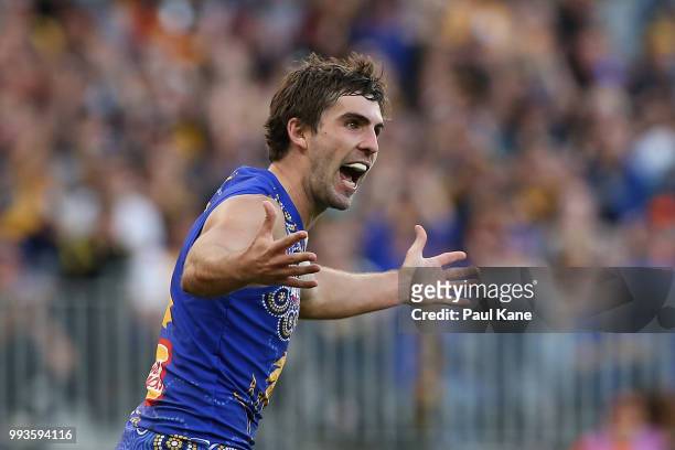 Andrew Gaff of the Eagles celebrates a goal during the round 16 AFL match between the West Coast Eagles and the Greater Western Sydney Giants at...