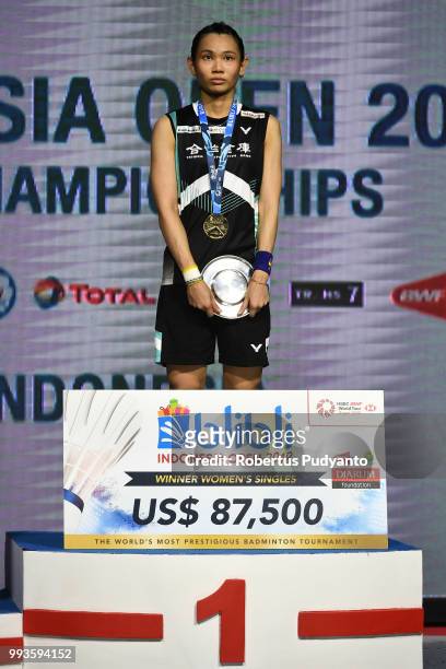 Gold medalist Tai Tzu Ying of Chinese Taipei celecrates on the podium after beating Chen Yufei of China during the Women's Singles Final match on day...