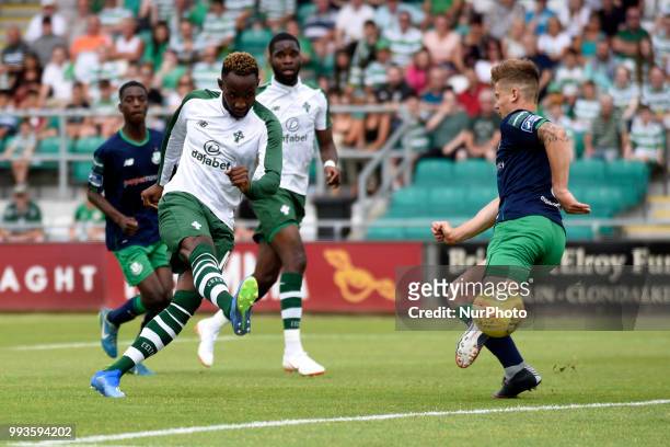 Moussa Dembele of Celtic scores during the Club Friendly match between Shamrock Rovers and Celtic FC at Tallaght Stadium in Dublin, Ireland on July...