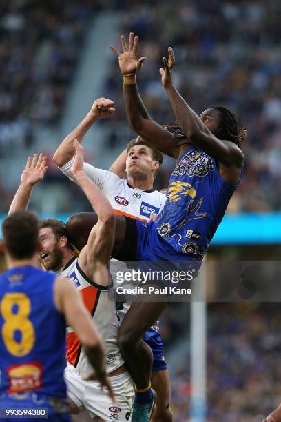 Nic Naitanui of the Eagles sets for a mark during the round 16 AFL match between the West Coast Eagles and the Greater Western Sydney Giants at Optus...