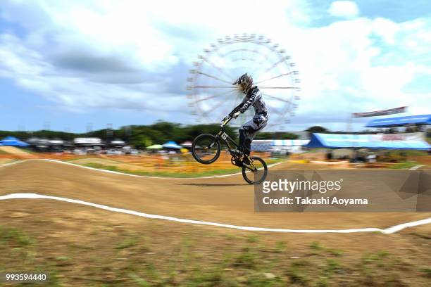 Reiya Takiguchi competes in the Boys 15-16 final during the Japan National BMX Championships at Hitachinaka Kaihin Park on July 8, 2018 in...