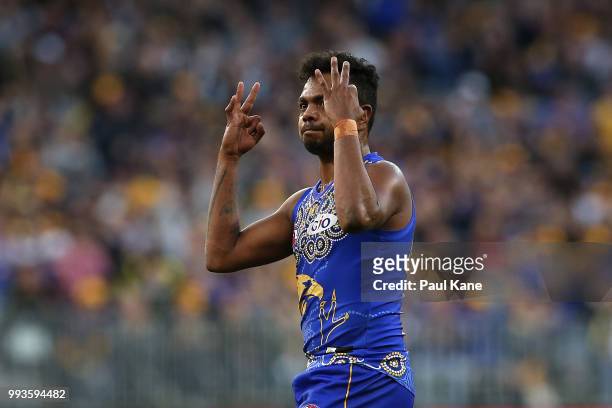 Willie Rioli of the Eagles celebrates a goal during the round 16 AFL match between the West Coast Eagles and the Greater Western Sydney Giants at...