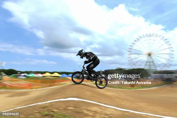 Shinichi Yoshimura competes in the Men 30 over final during the Japan National BMX Championships at Hitachinaka Kaihin Park on July 8, 2018 in...