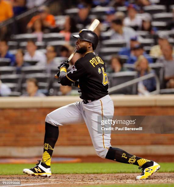 Gregory Polanco of the Pittsburgh Pirates bats in an MLB baseball game against the New York Mets on June 27, 2018 at Citi Field in the Queens borough...
