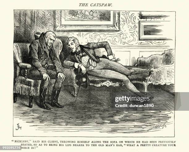charles dickens, nicholas nickleby, throwing himself along the sofa - slob couch stock illustrations