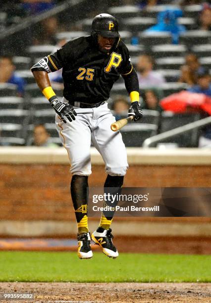 Gregory Polanco of the Pittsburgh Pirates leaps out of the way of a pitch as he bats in an MLB baseball game against the New York Mets on June 27,...