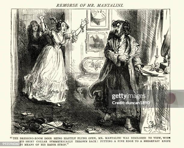 charles dickens, nicholas nickleby, dressing room door hastily flung open - flung stock illustrations