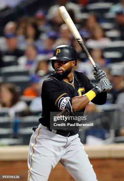 Gregory Polanco of the Pittsburgh Pirates bats in an MLB baseball game against the New York Mets on June 27, 2018 at Citi Field in the Queens borough...