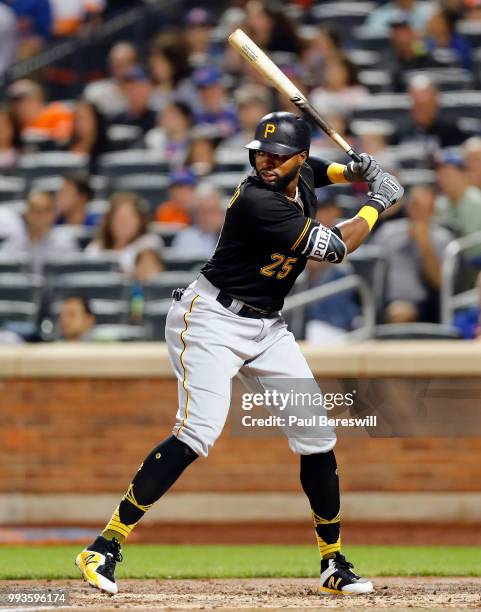 Gregory Polanco of the Pittsburgh Pirates bats in an MLB baseball game against the New York Mets on June 27, 2018 at Citi Field in the Queens borough...